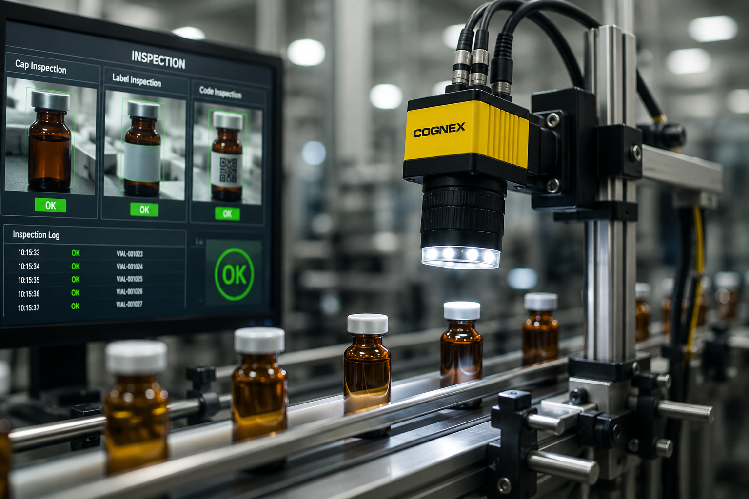 EraVision machine vision inspection system checking pharmaceutical vials on a production line