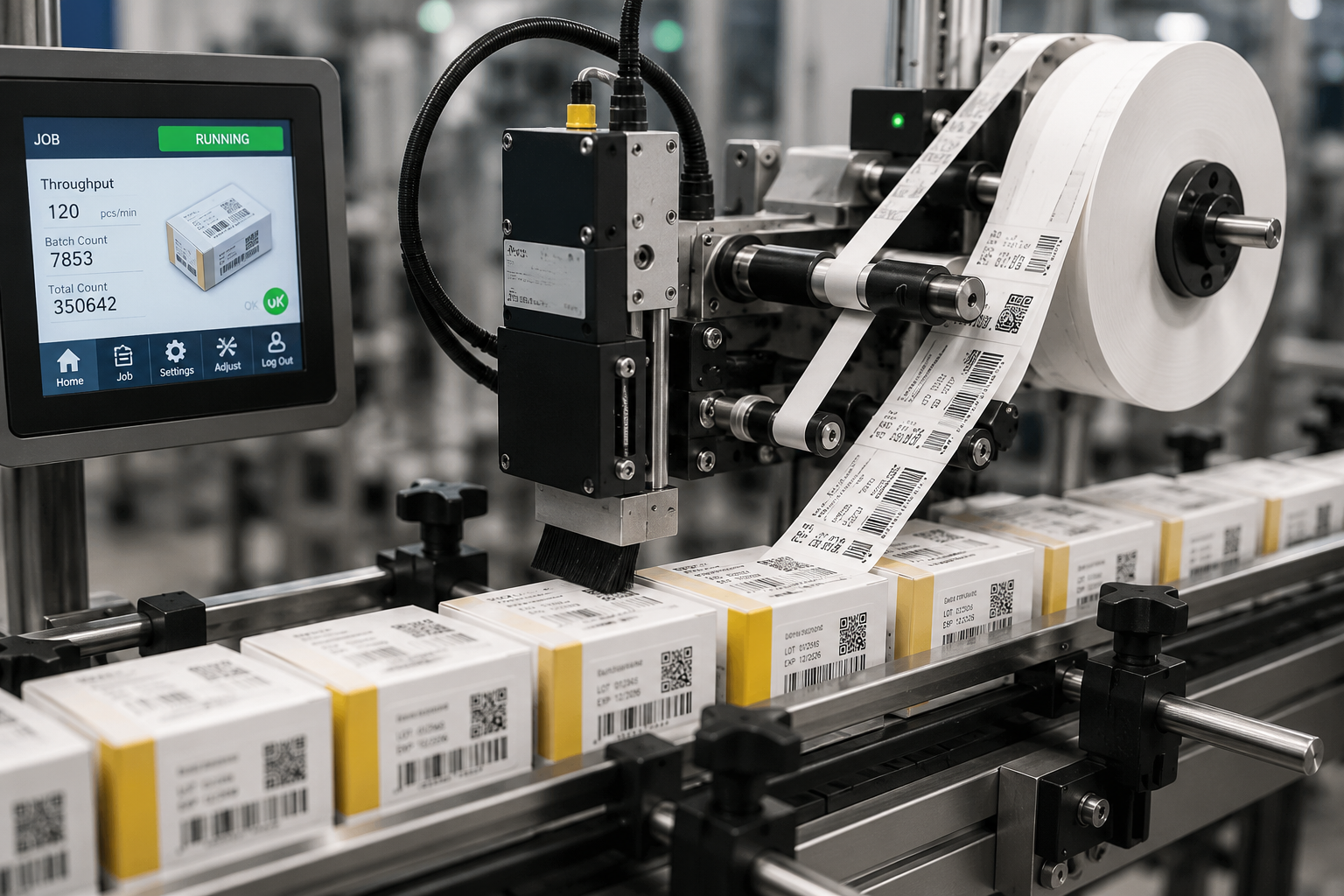 Industrial labeling, coding and printing system applying barcode labels to cartons on a production line