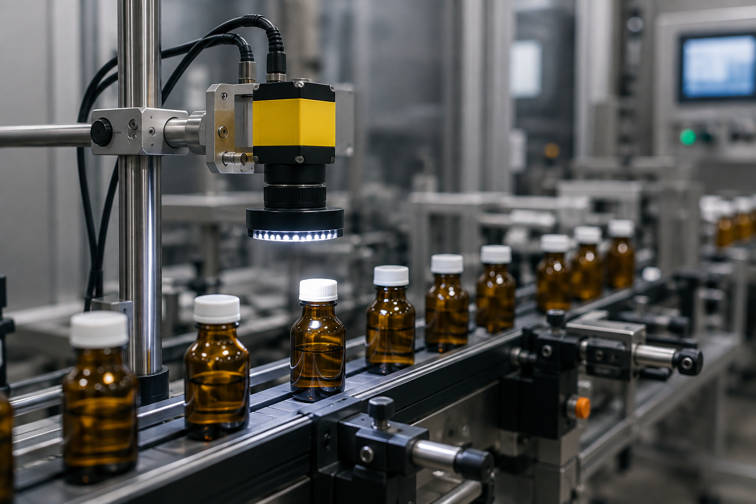 Automated vision inspection camera checking pharmaceutical bottles on a production line