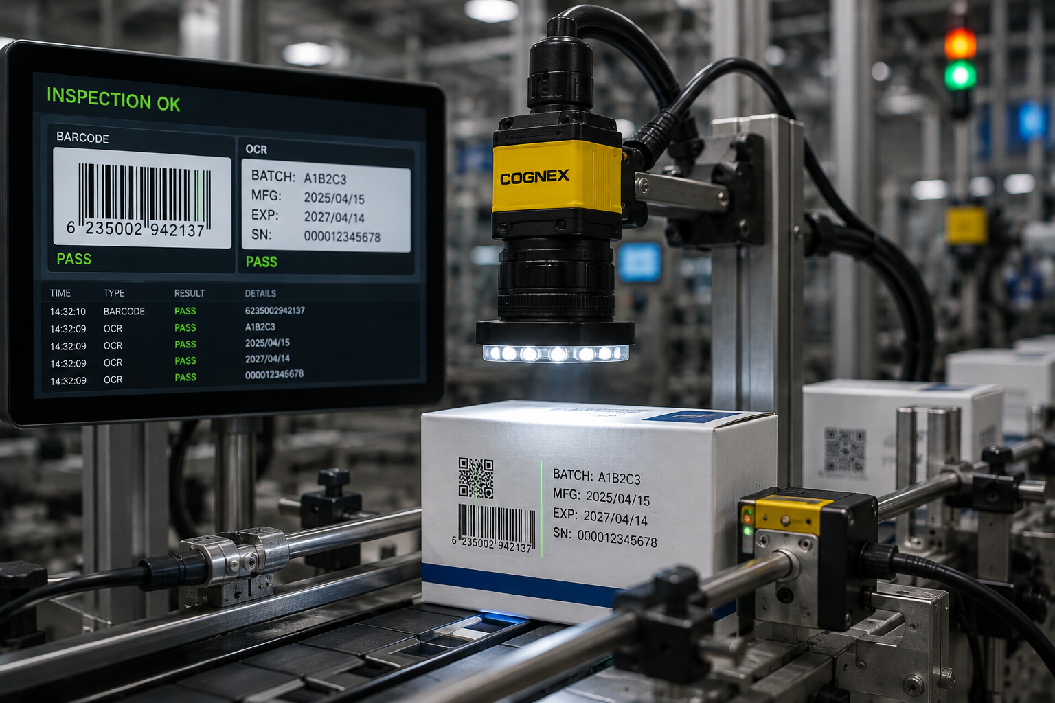 Machine vision system inspecting barcode, QR code, batch number, expiry date, and serial number on a carton