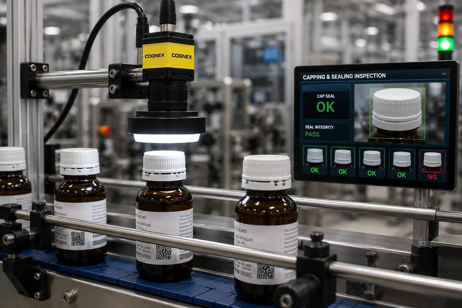 Machine vision system inspecting bottle caps and seals on a pharmaceutical production line