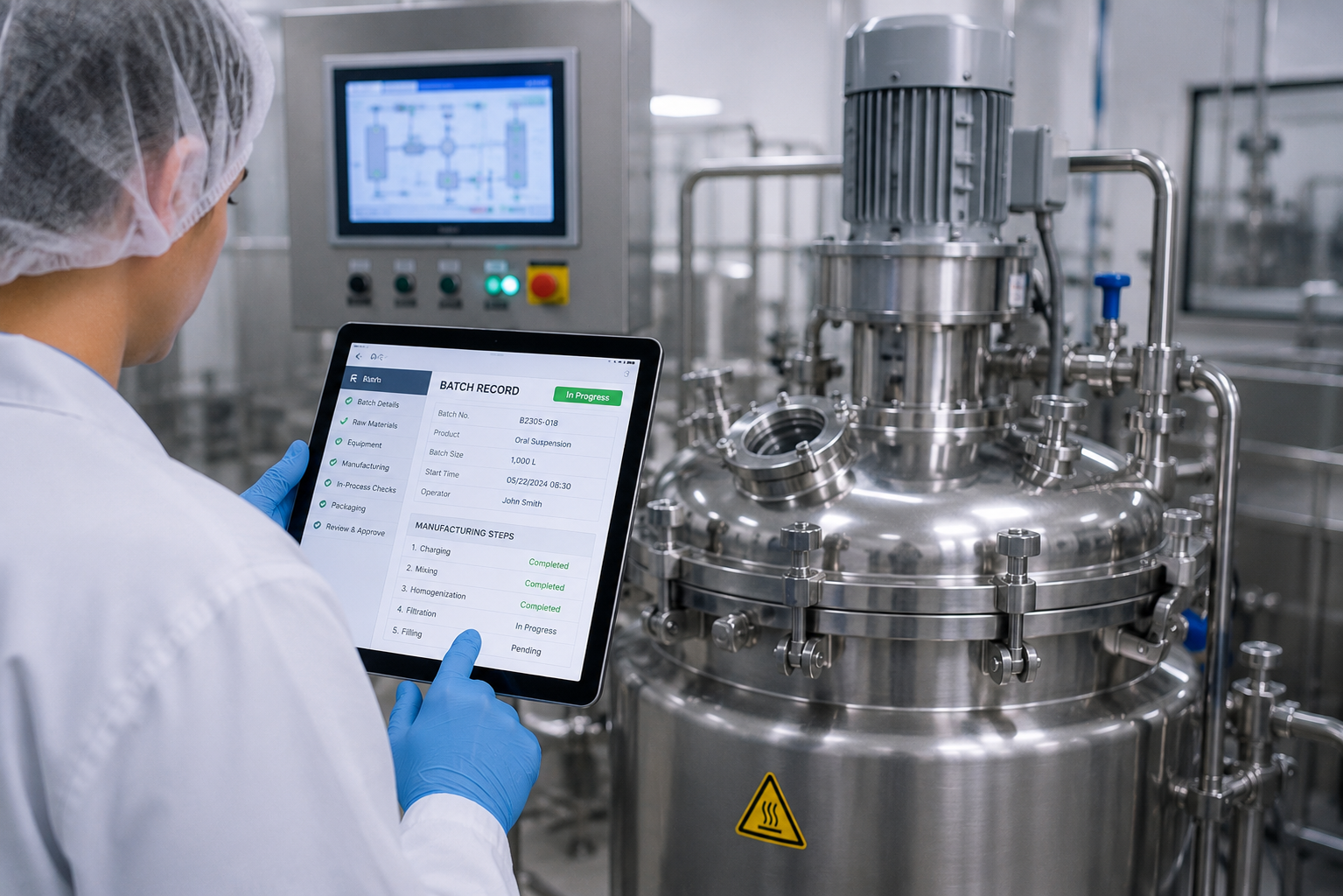 Pharmaceutical production operator using a tablet to manage a digital batch record beside a stainless-steel mixing system