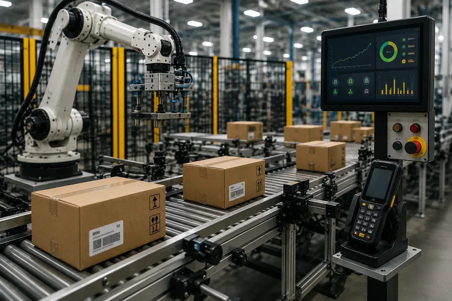 Industrial automation system with robotic arm, conveyors, sensors, and production line control equipment