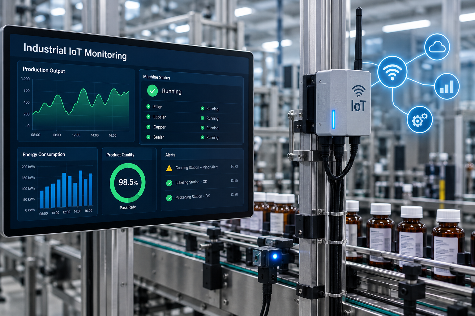 Industrial IoT monitoring dashboard displaying machine status, production performance, alerts, and equipment data