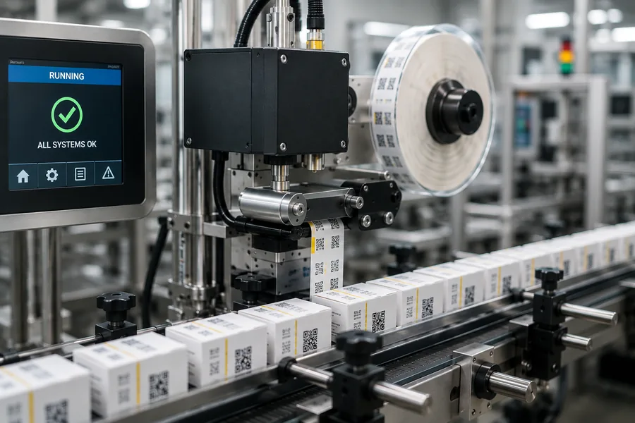 Industrial labeling, coding and printing system applying barcode labels to cartons on a production line