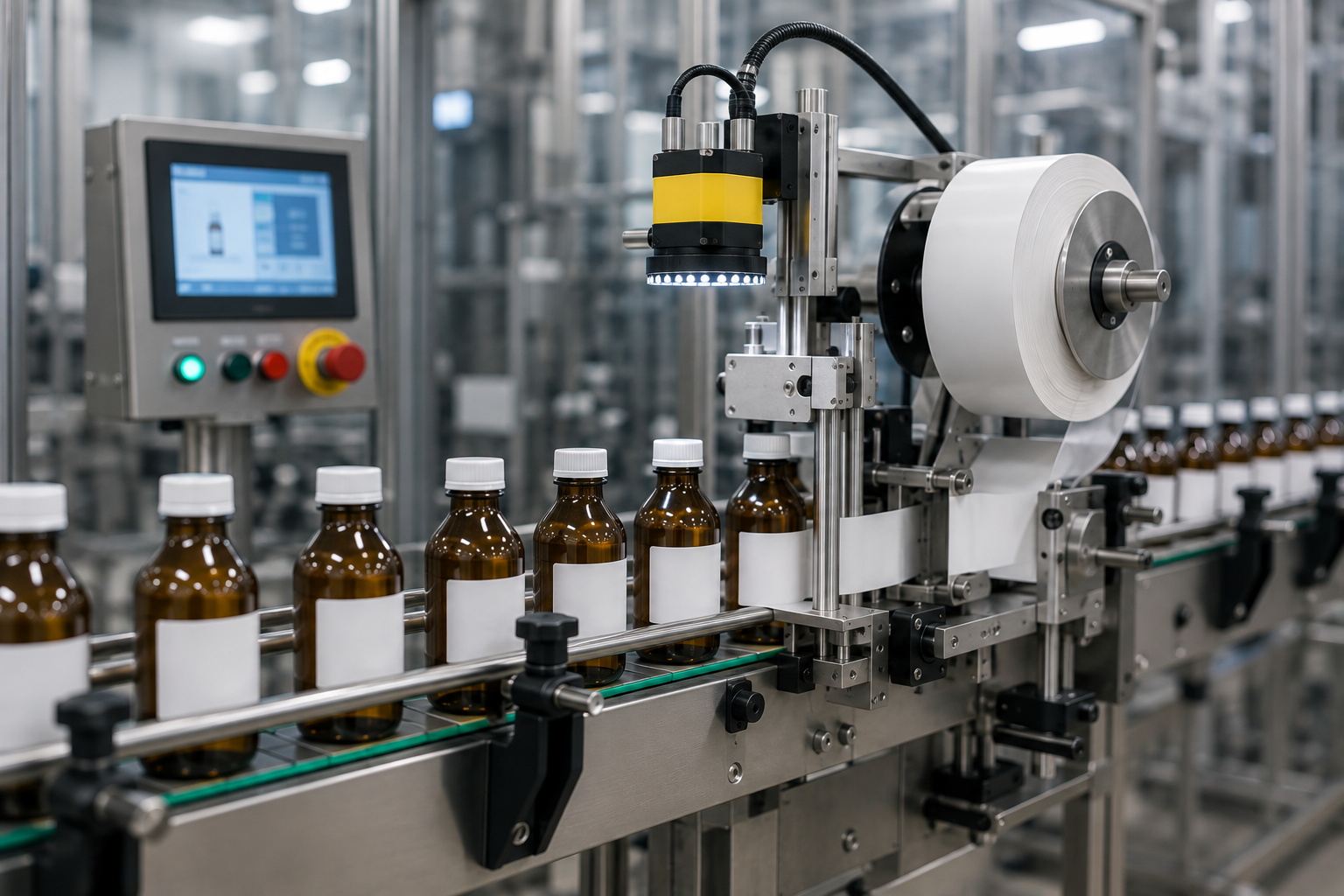 Automated industrial labeling machine applying labels to amber bottles on a production line