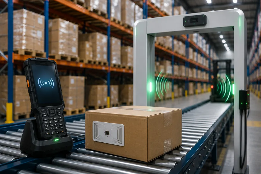 RFID tracking system scanning a tagged carton on an automated warehouse conveyor