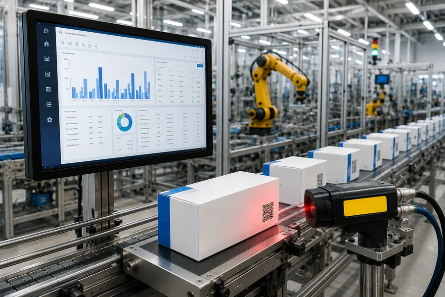 Serialization and traceability system scanning QR-coded pharmaceutical boxes on an automated packaging line