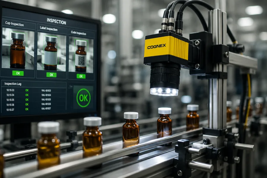 Machine vision inspection system checking pharmaceutical vials on an automated production line