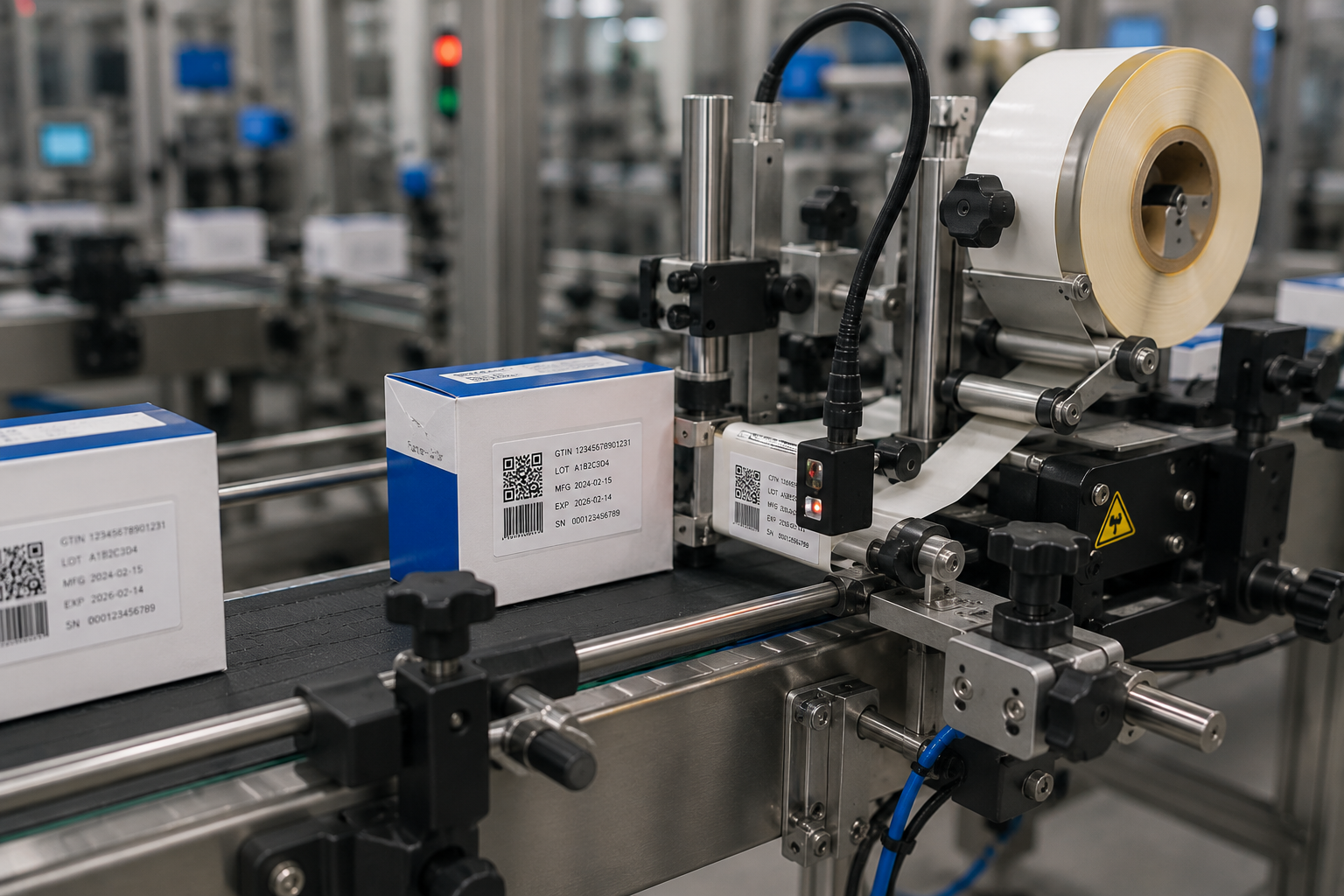 Automated side labeling machine applying barcode and QR code labels to cartons on a production line