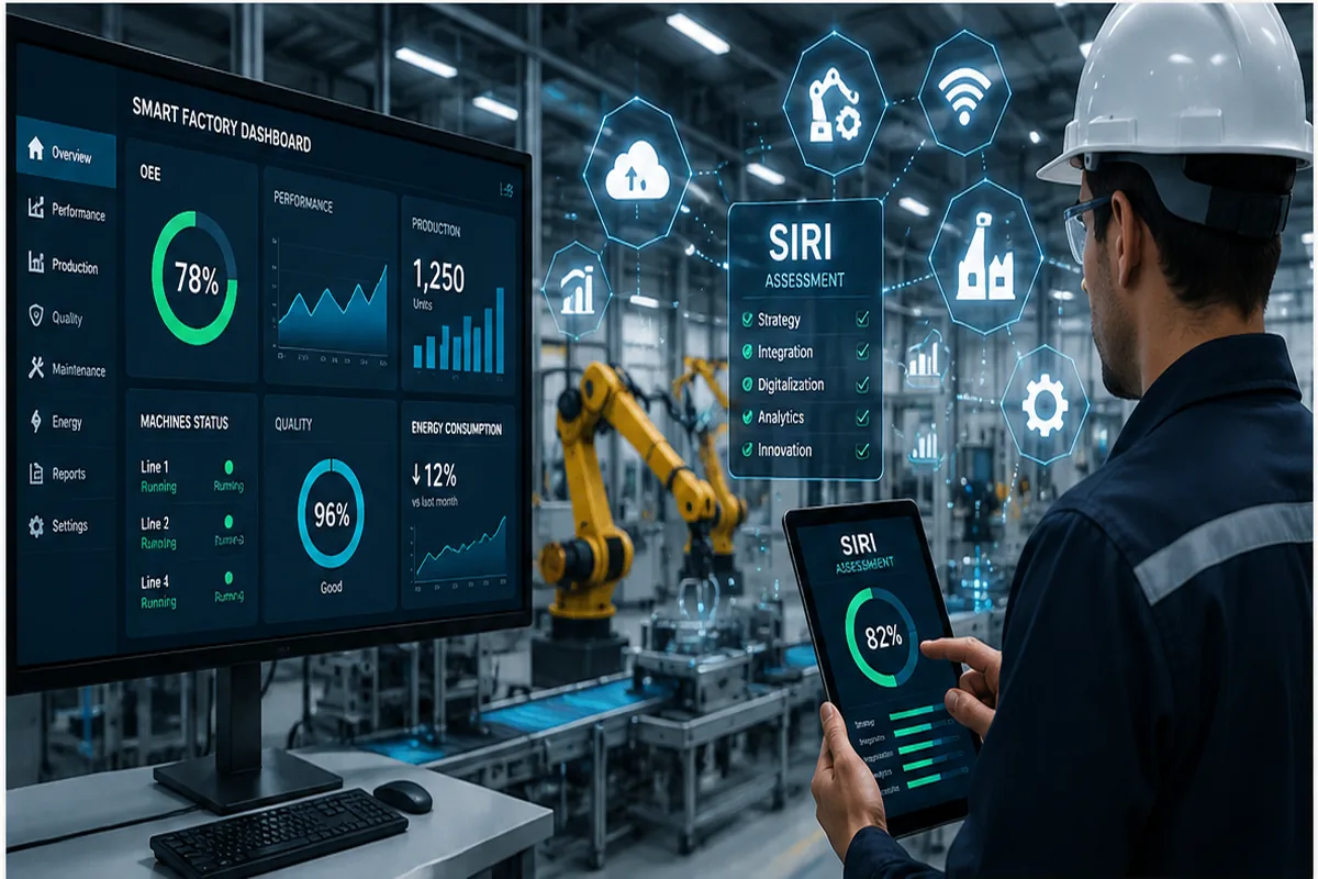Smart factory and SIRI assessment dashboard monitoring industrial automation and production performance