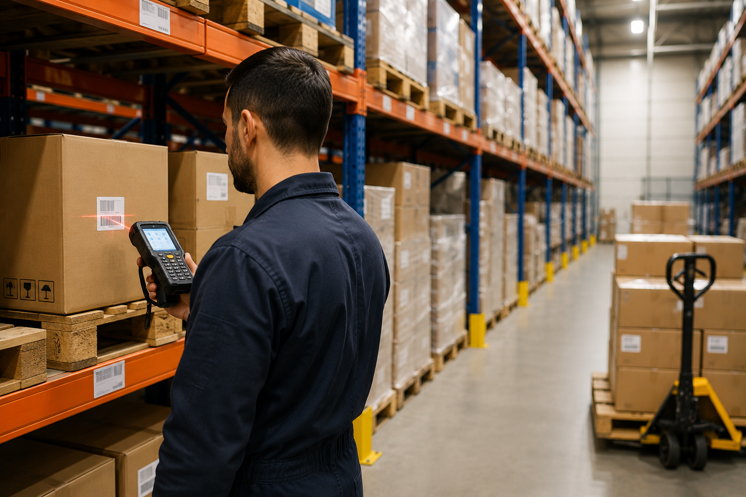 Warehouse worker scanning a barcode on a carton to track inventory and stock movement